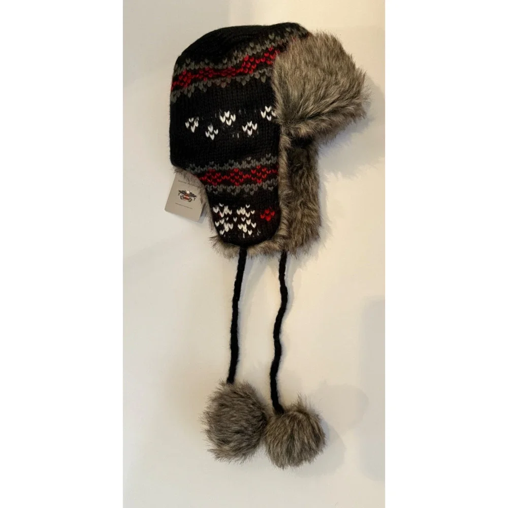 🏍️ Harley-Davidson Aviator Fur Trapper Hat Pom Pom Ear Flap Black Small NWT